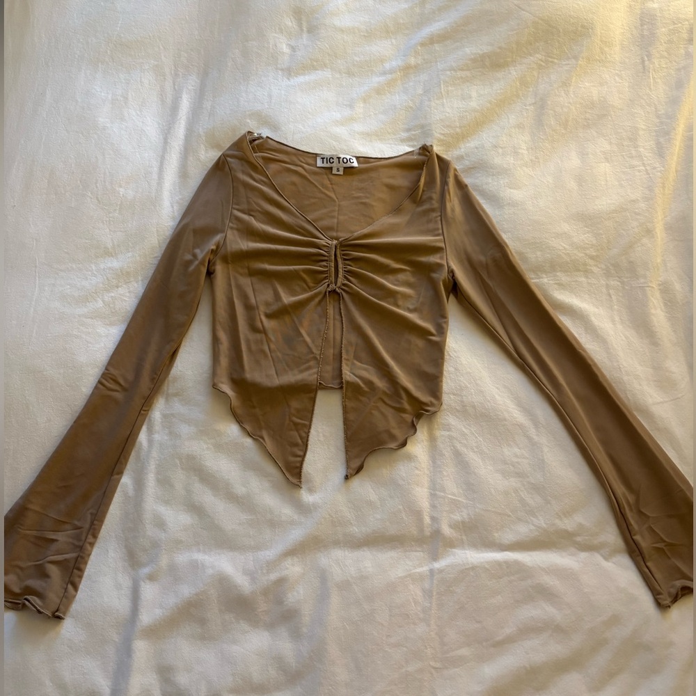Women's Tan Sheer Long Sleeve Blouse